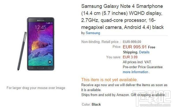 三星GALAXY Note 4海外预售 高到约售7899元