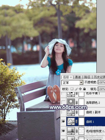 如何用Photoshop CC给外景美女加上韩系秋季粉蓝色