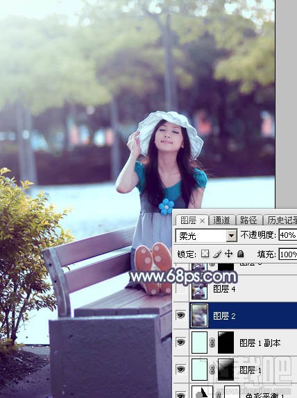 如何用Photoshop CC给外景美女加上韩系秋季粉蓝色