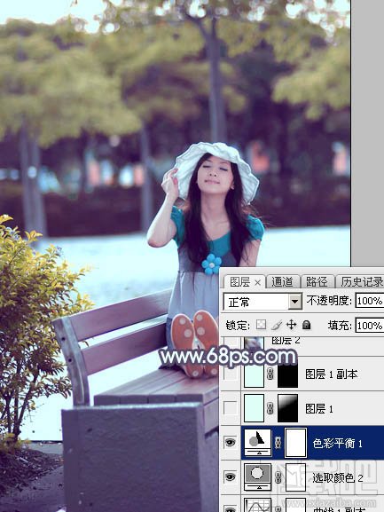 如何用Photoshop CC给外景美女加上韩系秋季粉蓝色