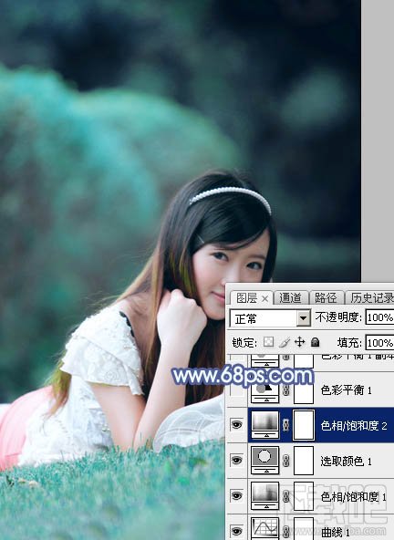 如何用Photoshop CC打造甜美梦幻的青蓝色草地美女图片