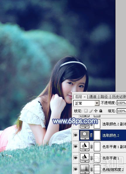 如何用Photoshop CC打造甜美梦幻的青蓝色草地美女图片