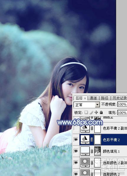 如何用Photoshop CC打造甜美梦幻的青蓝色草地美女图片