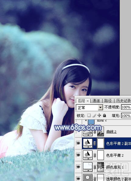 如何用Photoshop CC打造甜美梦幻的青蓝色草地美女图片