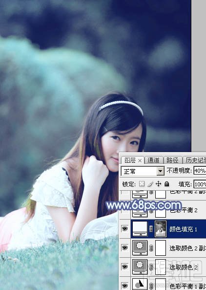 如何用Photoshop CC打造甜美梦幻的青蓝色草地美女图片