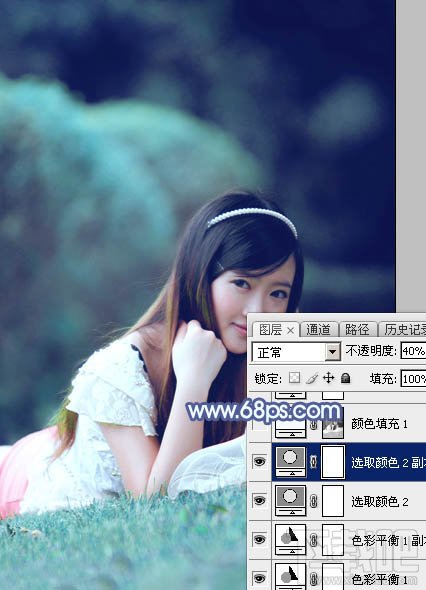 如何用Photoshop CC打造甜美梦幻的青蓝色草地美女图片