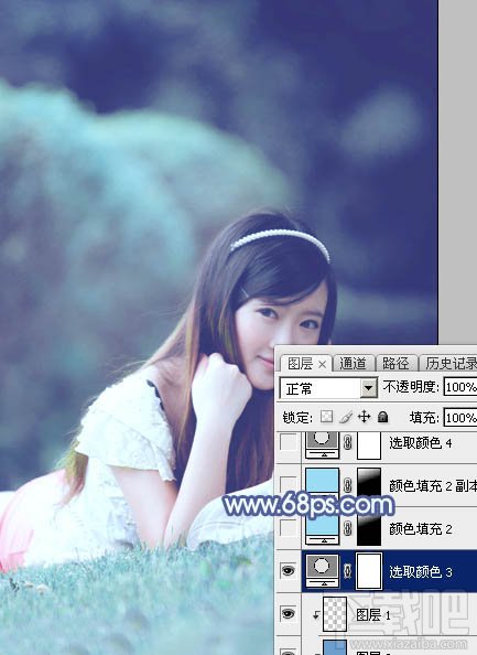 如何用Photoshop CC打造甜美梦幻的青蓝色草地美女图片