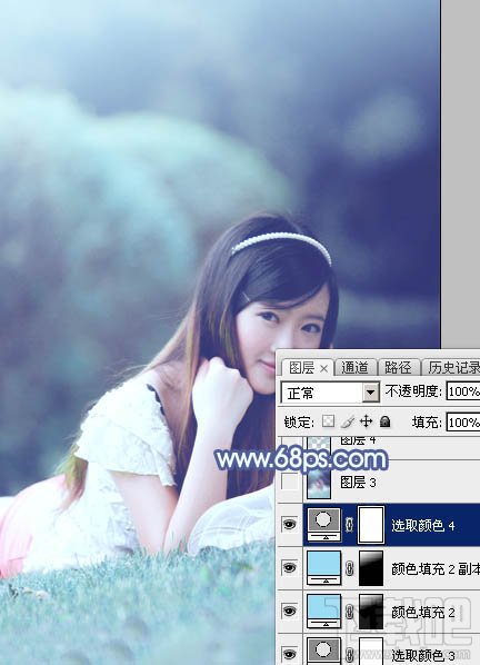 如何用Photoshop CC打造甜美梦幻的青蓝色草地美女图片