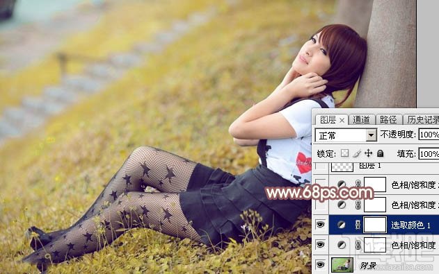 如何用Photoshop CC给依靠树干的美女加上早秋黄褐色