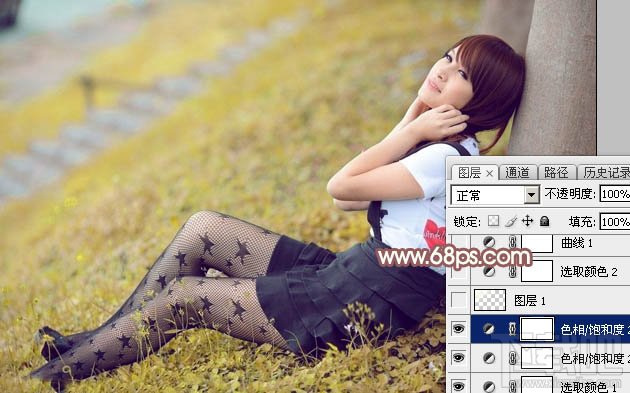 如何用Photoshop CC给依靠树干的美女加上早秋黄褐色