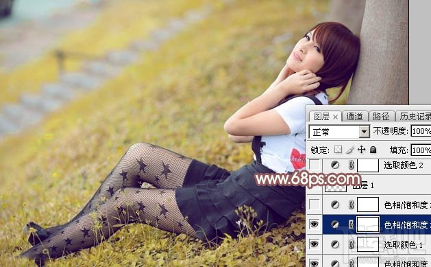 如何用Photoshop CC给依靠树干的美女加上早秋黄褐色