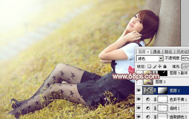 如何用Photoshop CC给依靠树干的美女加上早秋黄褐色