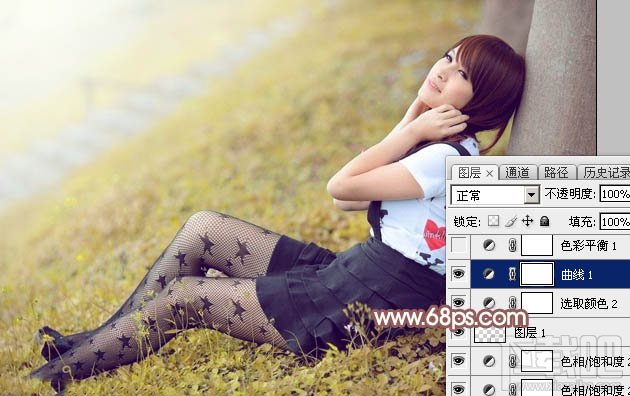 如何用Photoshop CC给依靠树干的美女加上早秋黄褐色