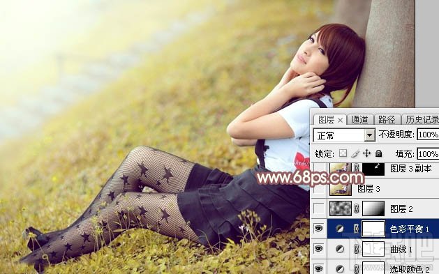 如何用Photoshop CC给依靠树干的美女加上早秋黄褐色