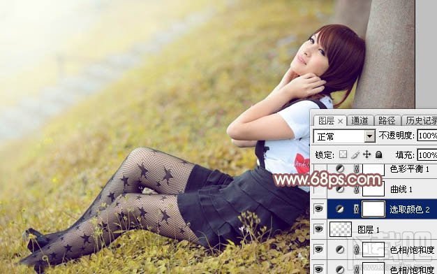 如何用Photoshop CC给依靠树干的美女加上早秋黄褐色