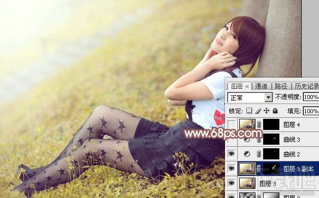 如何用Photoshop CC给依靠树干的美女加上早秋黄褐色