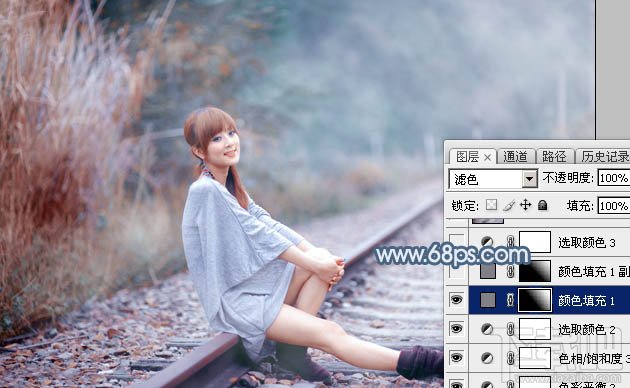 如何用Photoshop CC给铁轨上的美女加上梦幻的淡蓝色