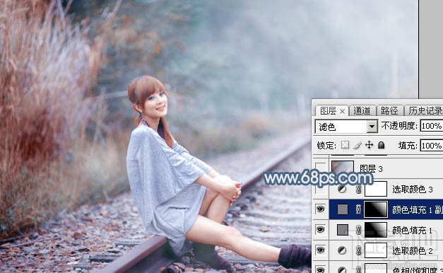 如何用Photoshop CC给铁轨上的美女加上梦幻的淡蓝色