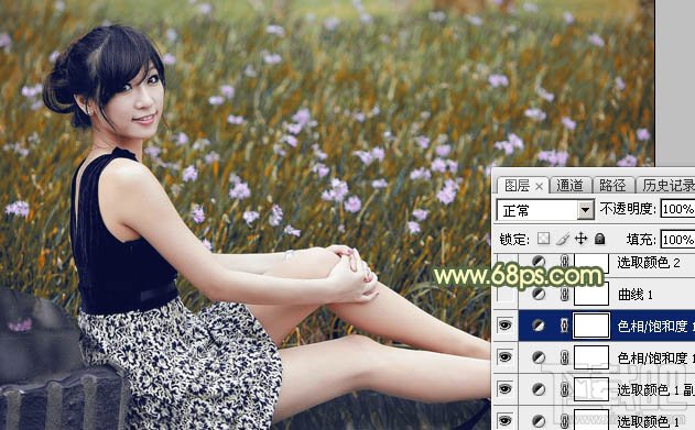 如何用Photoshop CC给草地上的美女加上古典暗调青黄色