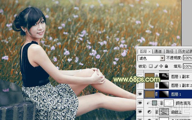 如何用Photoshop CC给草地上的美女加上古典暗调青黄色