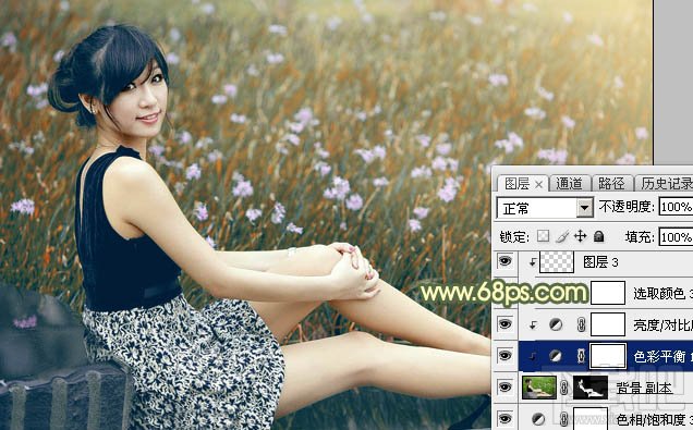 如何用Photoshop CC给草地上的美女加上古典暗调青黄色