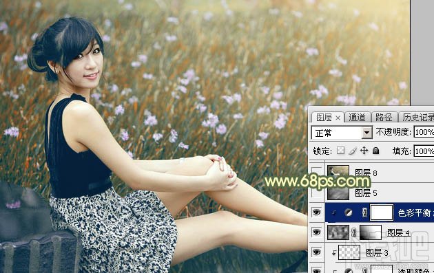 如何用Photoshop CC给草地上的美女加上古典暗调青黄色