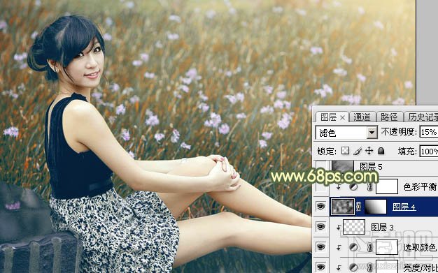 如何用Photoshop CC给草地上的美女加上古典暗调青黄色