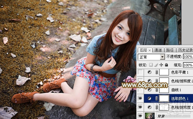 如何用Photoshop CC给长凳边的美女加上秋季暖褐色