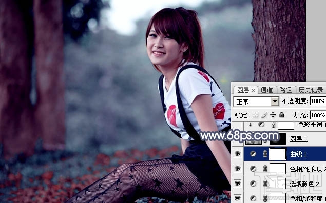 如何用Photoshop CC给树林美女图片加上流行暗调蓝红色