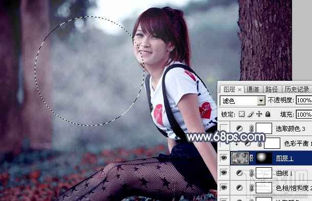 如何用Photoshop CC给树林美女图片加上流行暗调蓝红色