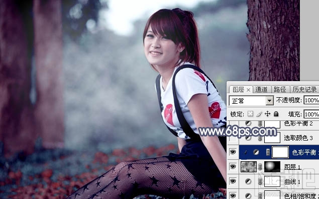 如何用Photoshop CC给树林美女图片加上流行暗调蓝红色