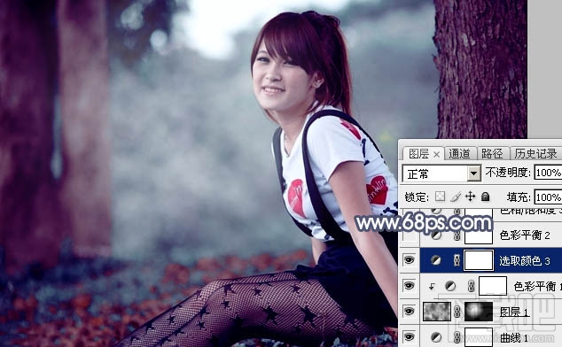 如何用Photoshop CC给树林美女图片加上流行暗调蓝红色