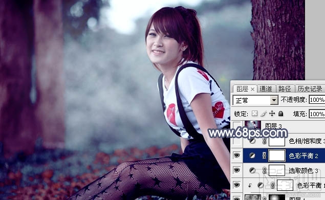 如何用Photoshop CC给树林美女图片加上流行暗调蓝红色