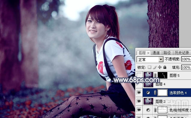 如何用Photoshop CC给树林美女图片加上流行暗调蓝红色