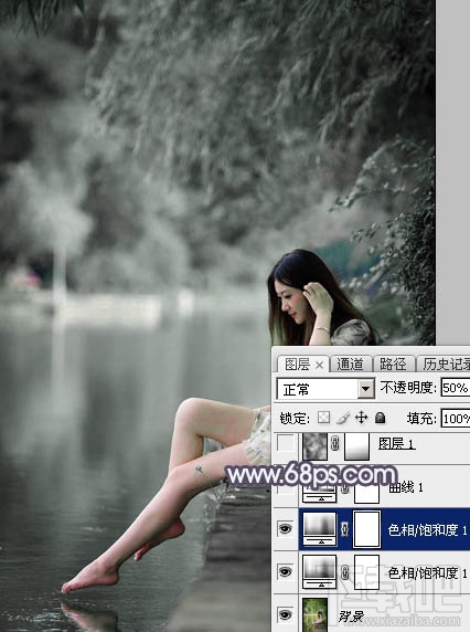 如何用Photoshop CC打造个性的中性暗蓝色湖景美女图片