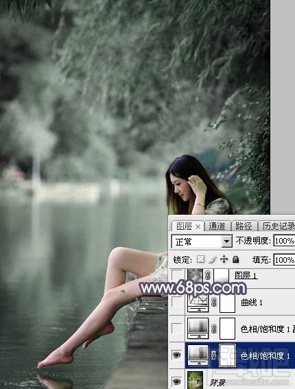 如何用Photoshop CC打造个性的中性暗蓝色湖景美女图片