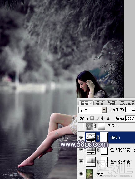 如何用Photoshop CC打造个性的中性暗蓝色湖景美女图片