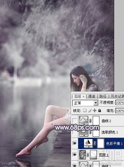 如何用Photoshop CC打造个性的中性暗蓝色湖景美女图片