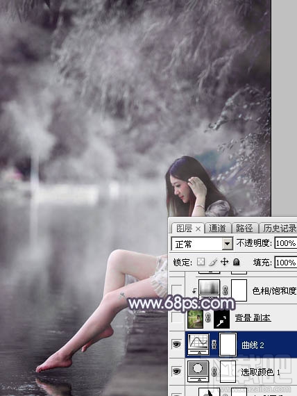 如何用Photoshop CC打造个性的中性暗蓝色湖景美女图片