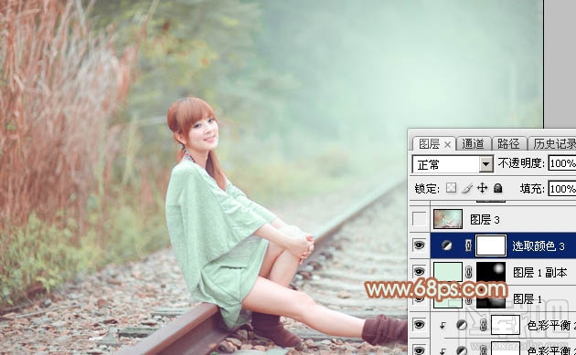 如何用Photoshop CC打造甜美的淡调青绿色铁轨美女图片