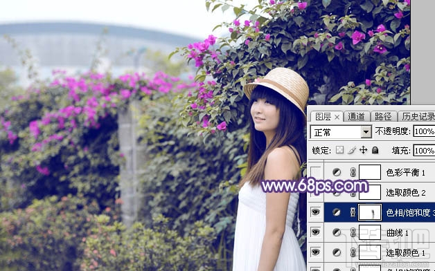 如何用Photoshop CC给绿篱边的美女加上唯美的淡冷色