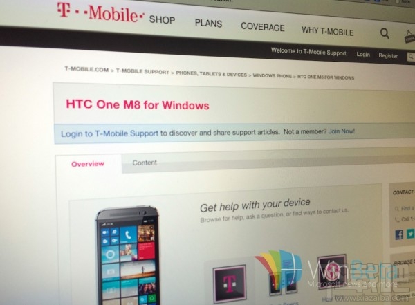 T-Mobile官网列出HTC One M8 WP版智能手机