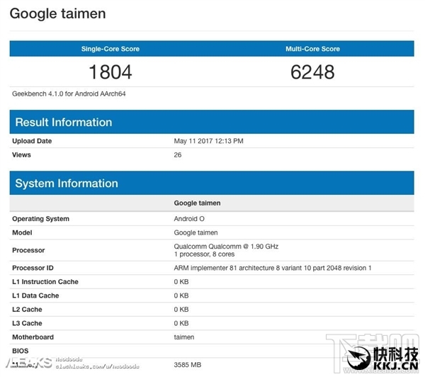 谷歌Pixel 2跑分爆光：首发安卓8.0 骁龙835+4G