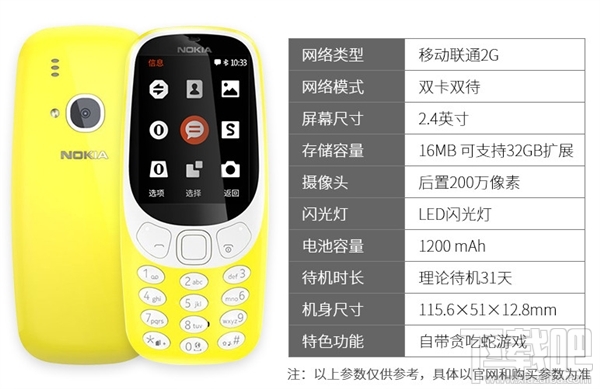 诺基亚3310复刻版正式开启预约：399元/续航1个月