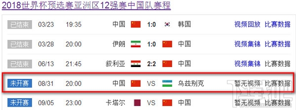 世界杯中国对乌兹别克斯坦比赛时间 国足对乌兹别克斯坦直播地址