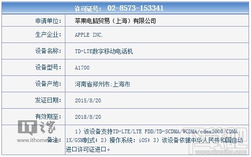 国行版苹果iPhone6s/6s Plus获入网许可