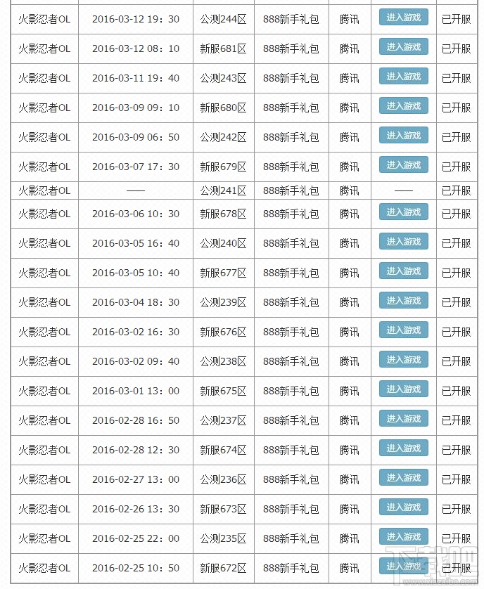 火影忍者OL 2016开服时间大全