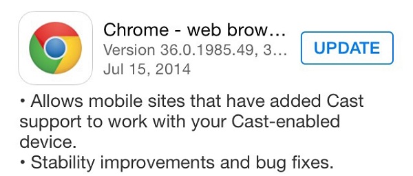 Chrome 36 for iOS更新：即将支持Chromecast？