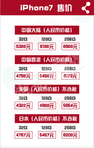 iPhone7/iPhone7 plus首发国家价格表 iPhone7香港售价多少