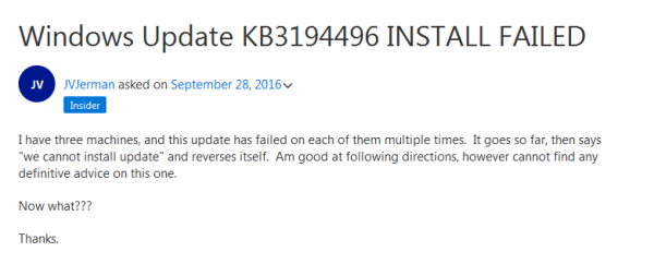 Windows 10累积更新KB3194496安装出错 微软未回应